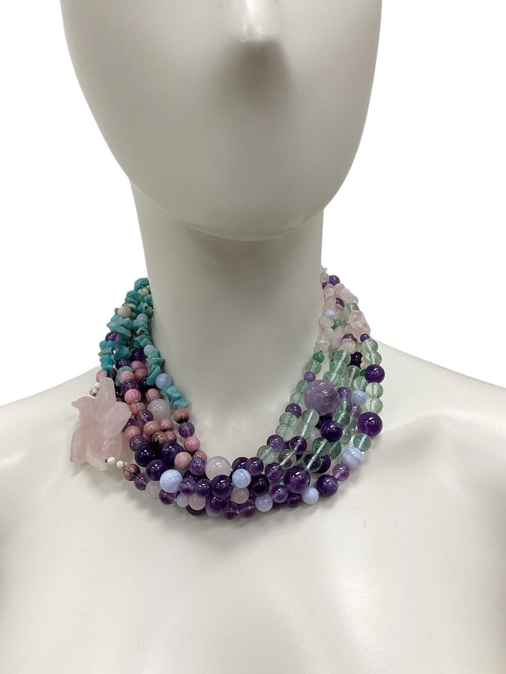Vintage Necklace Women’s One Size Multi Strand Gemstones Rose Quartz Amethyst